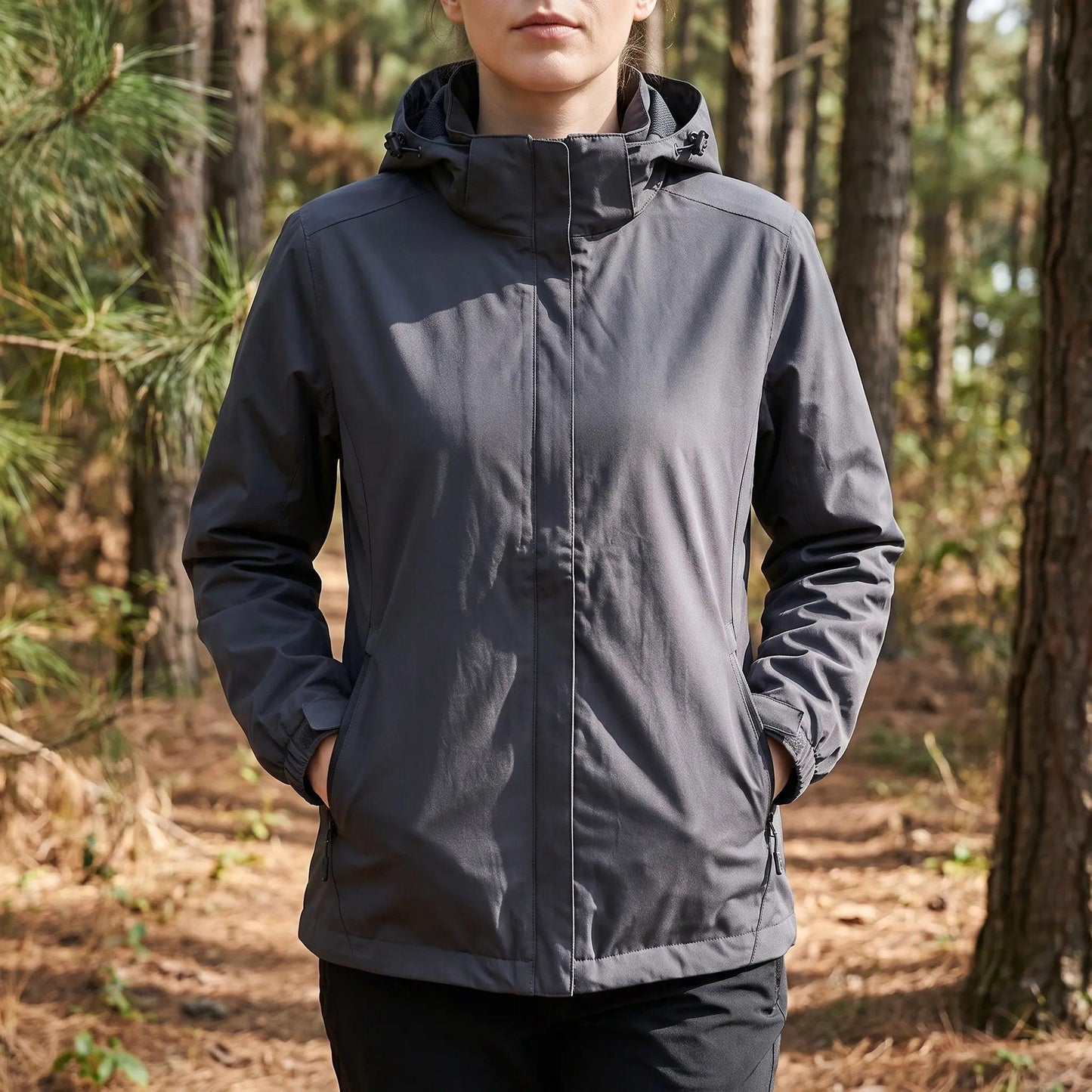 Frau in der grauen Windjacke auf einem Waldweg