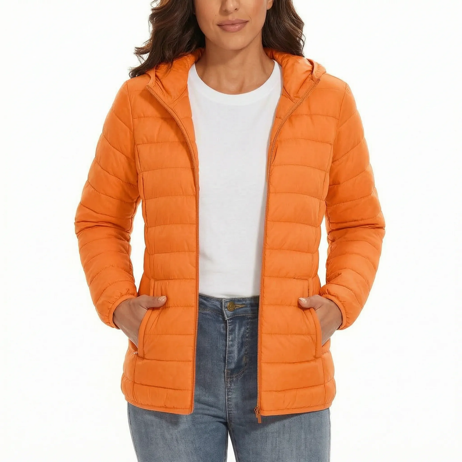 Leichte Steppjacke für Damen in Orange mit Kapuze und Reißverschlusstaschen