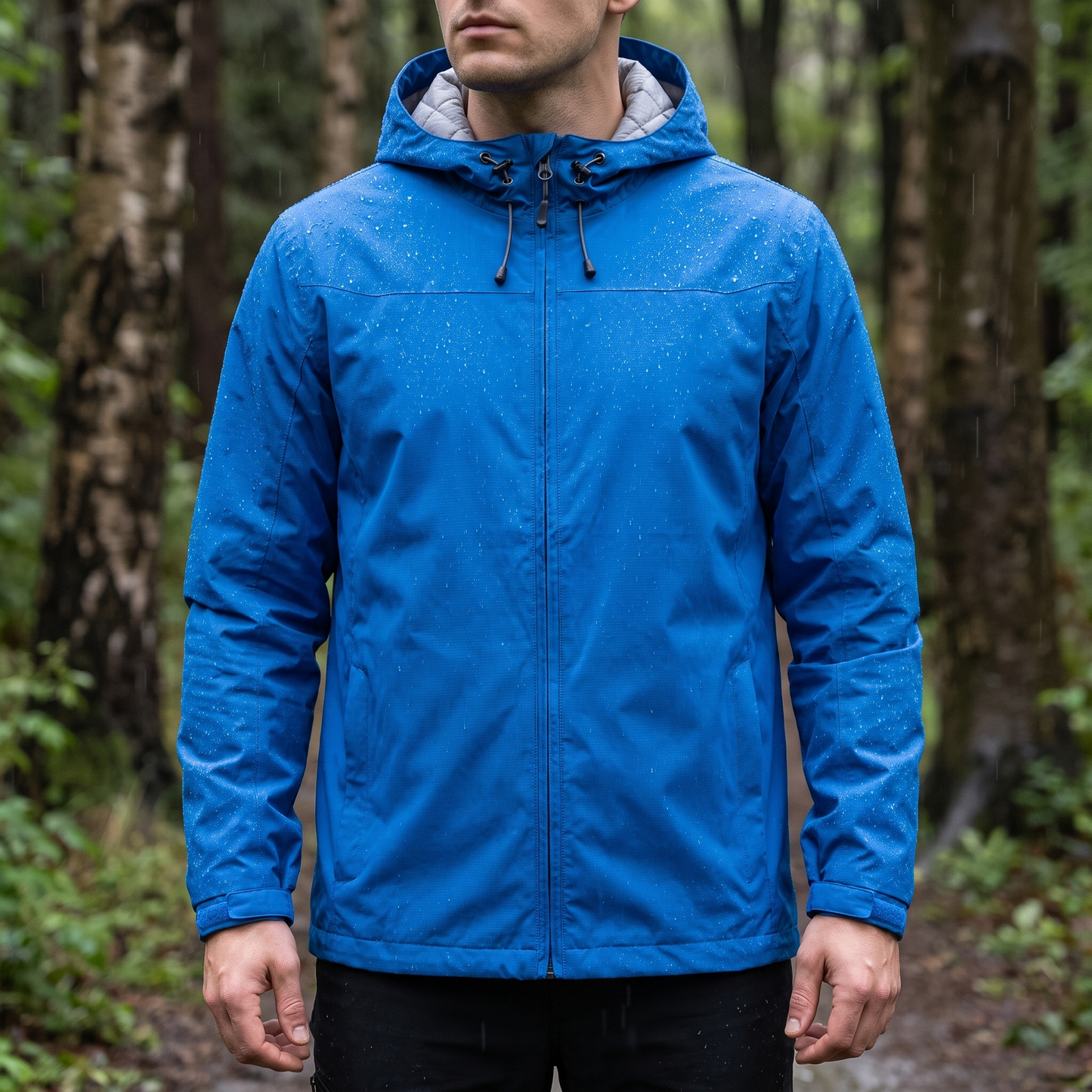 Mann trägt wasserdichte Regenjacke mit Kapuze auf einem nassen Waldweg im Regen