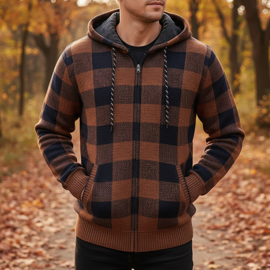 Strickjacke Herren mit Kapuze - Karo-Design - Warmes Fleecefutter