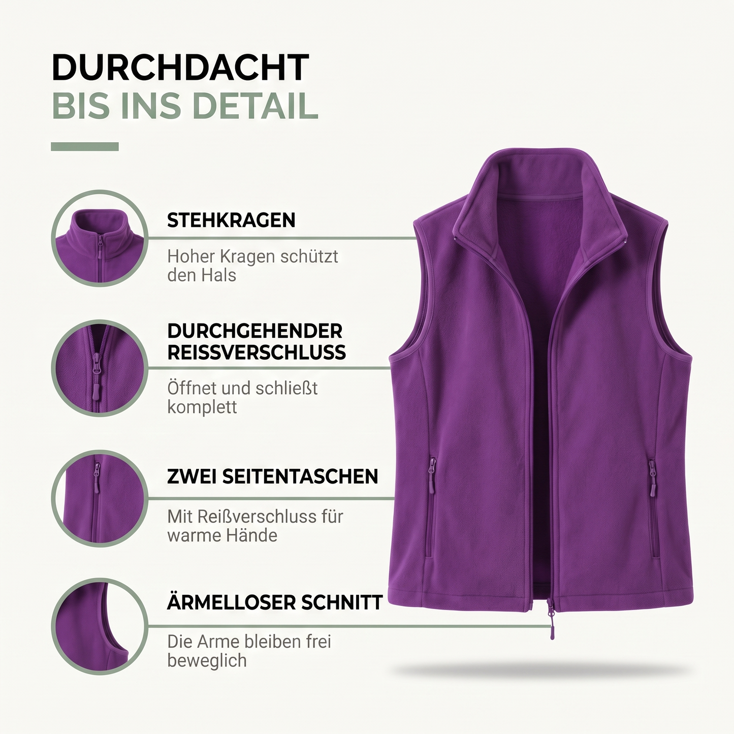 Fleeceweste Damen - Ärmellose Weste mit Stehkragen - Durchgehender Reißverschluss