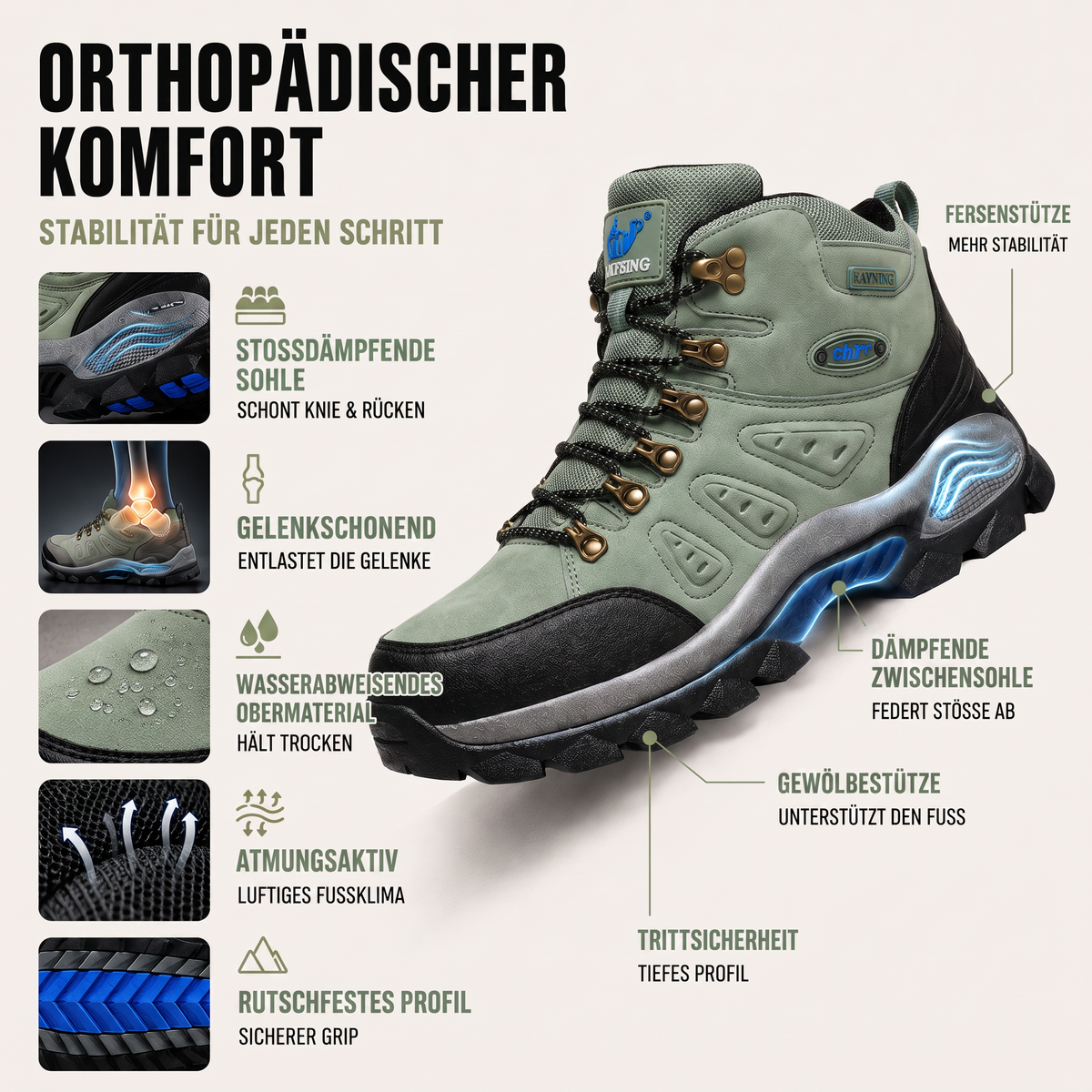 Wanderschuhe Herren - Wasserabweisend - Orthopädischer Komfort