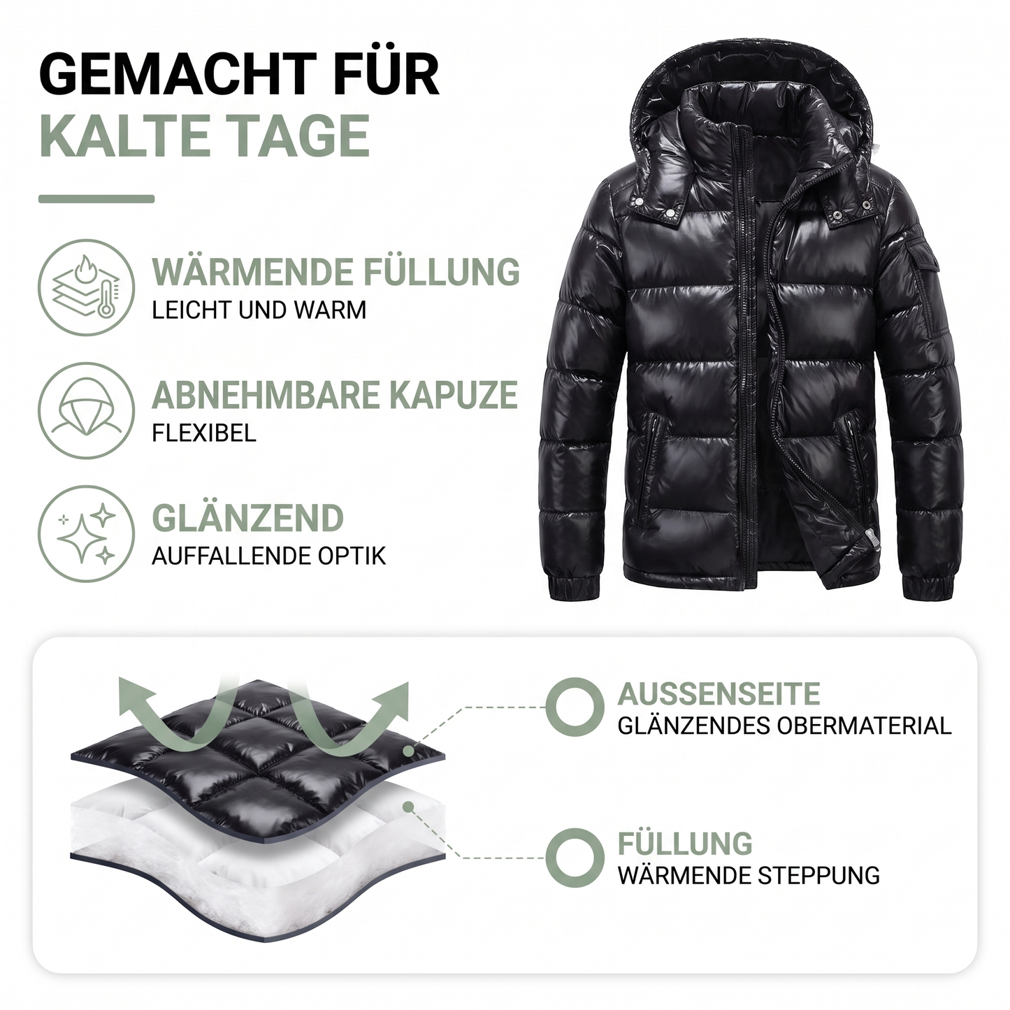 Daunenjacke Herren - abnehmbare Kapuze - glänzende Oberfläche
