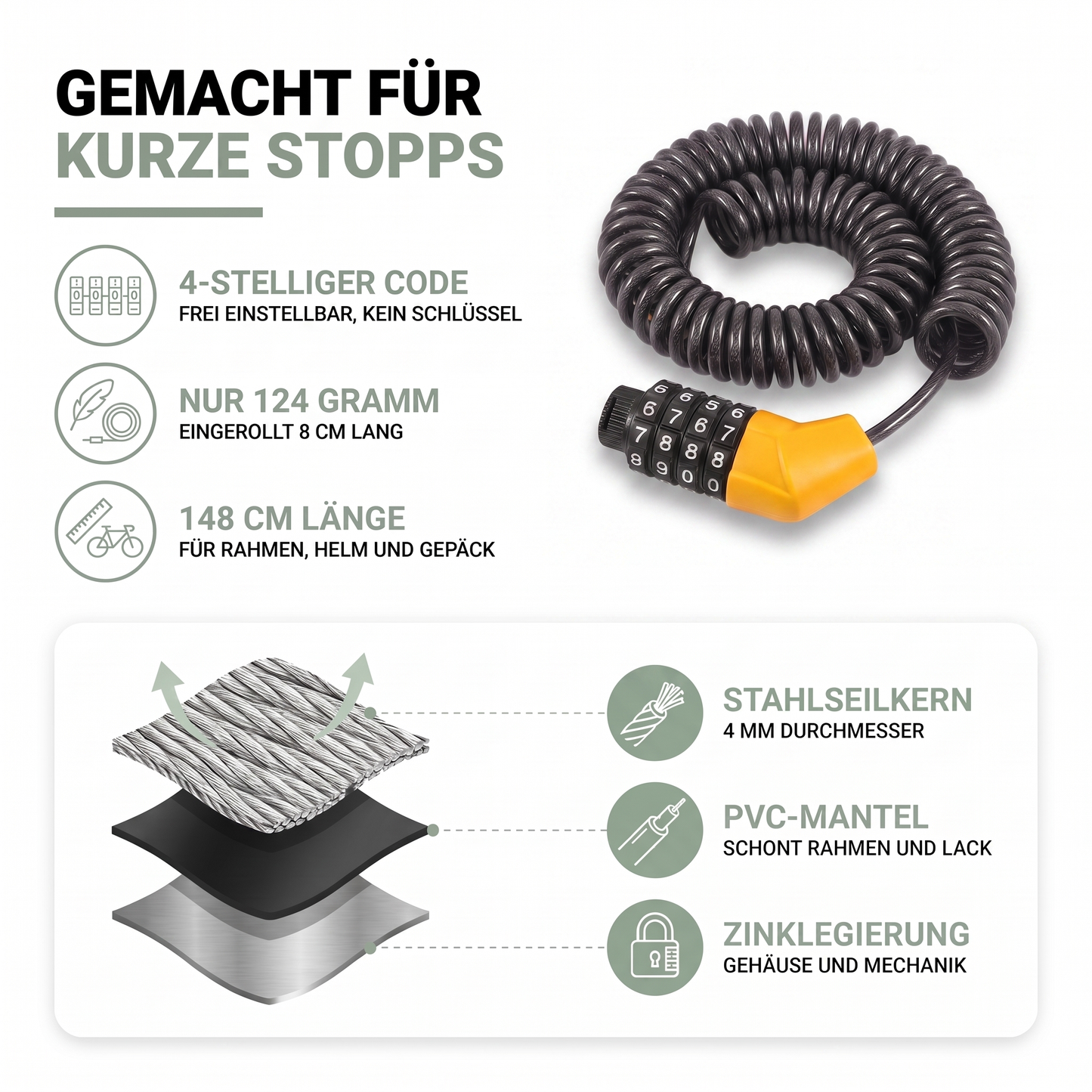 Aufbau des Kabelschlosses: Stahlseilkern, PVC-Mantel und Gehäuse aus Zinklegierung