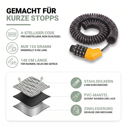 Aufbau des Kabelschlosses: Stahlseilkern, PVC-Mantel und Gehäuse aus Zinklegierung