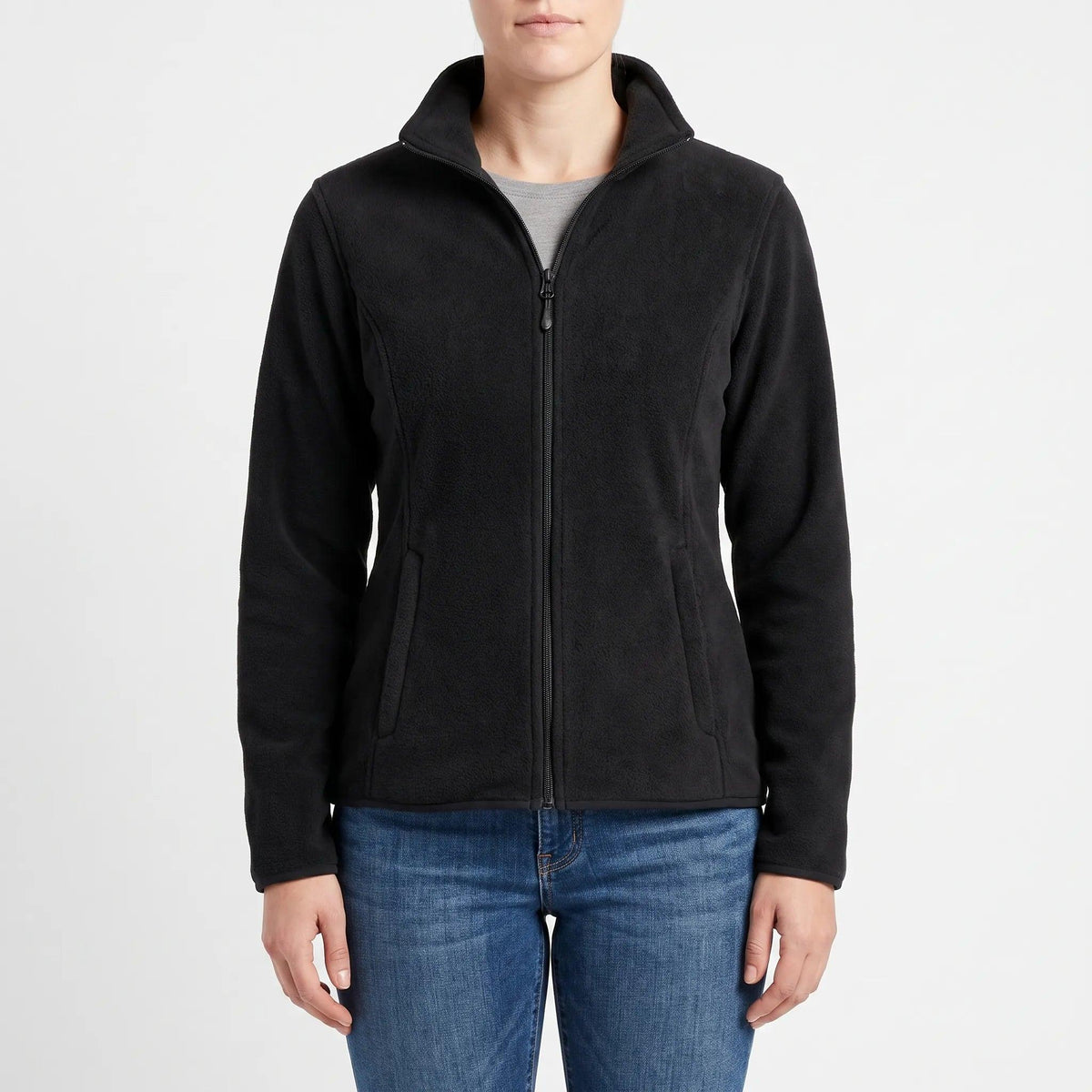 Fleecejacke für Damen in Schwarz mit Stehkragen und durchgehendem Reißverschluss