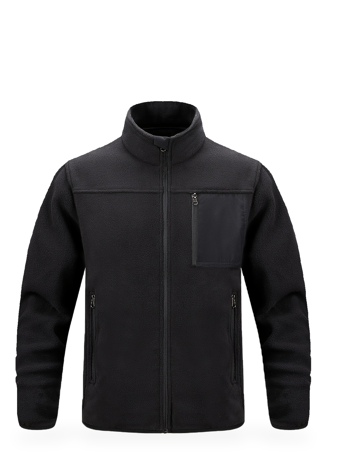 Schwarze Fleecejacke mit Stehkragen und Brusttasche von vorn