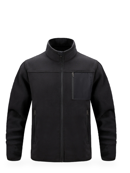 Schwarze Fleecejacke mit Stehkragen und Brusttasche von vorn