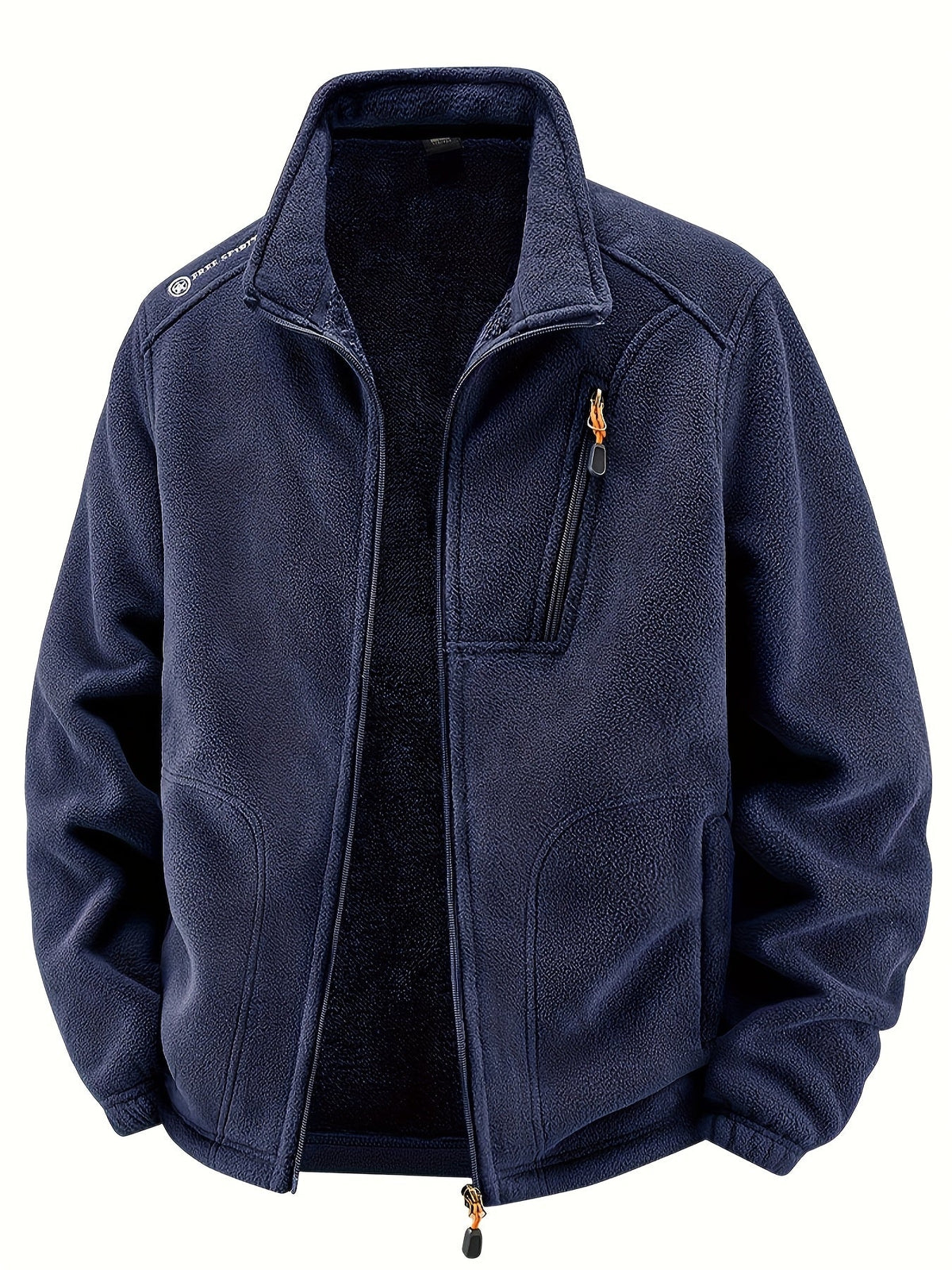 Marineblaue Fleecejacke geöffnet mit sichtbarem Plüschfutter