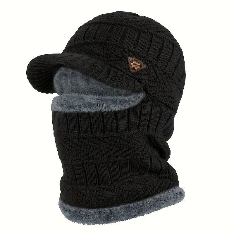 Schwarze Strick-Balaclava mit Schirm und grauem Plüschfutter