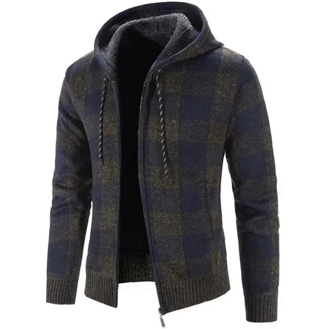Strickjacke Herren mit Kapuze - Karo-Design - Warmes Fleecefutter