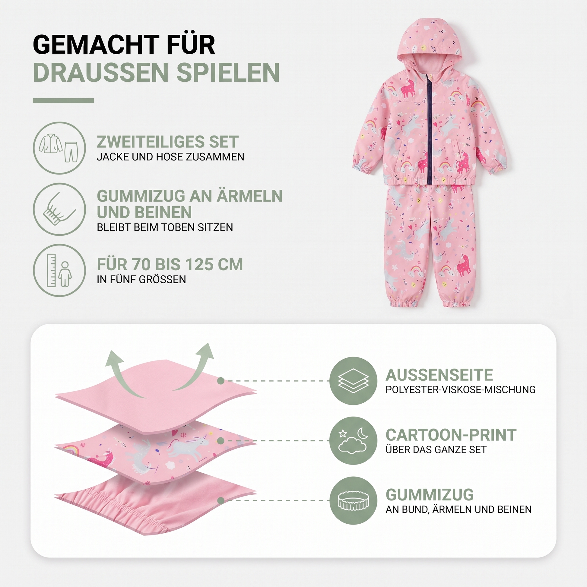 Aufbau des Kinder-Outdoorsets: Außenstoff, Cartoon-Print und Gummizug an Bündchen und Bund