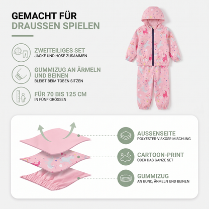 Aufbau des Kinder-Outdoorsets: Außenstoff, Cartoon-Print und Gummizug an Bündchen und Bund
