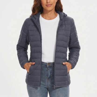 Leichte Steppjacke für Damen in Grau mit Kapuze und Reißverschlusstaschen
