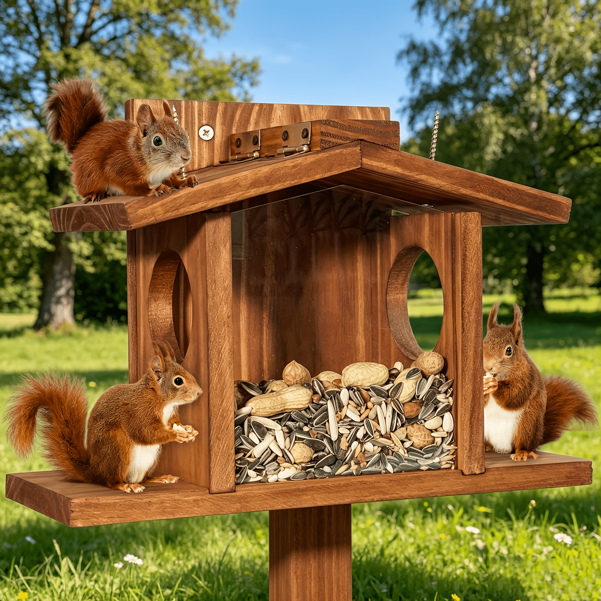 Eichhörnchen Futterhaus Eiche - Nussspender mit Mais- & Apfelhalter