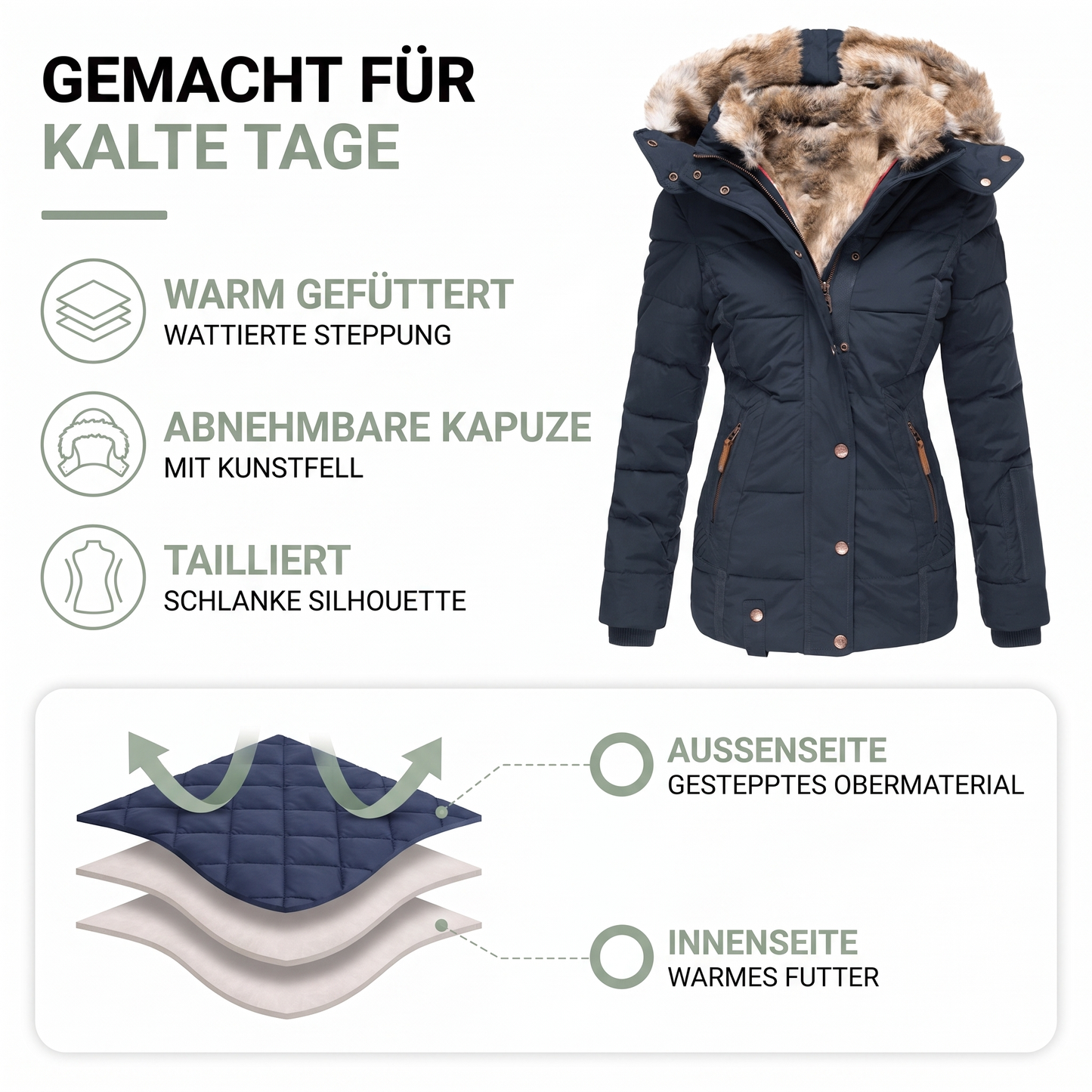 Winterjacke Damen - Steppjacke - abnehmbare Kapuze - taillierter Schnitt