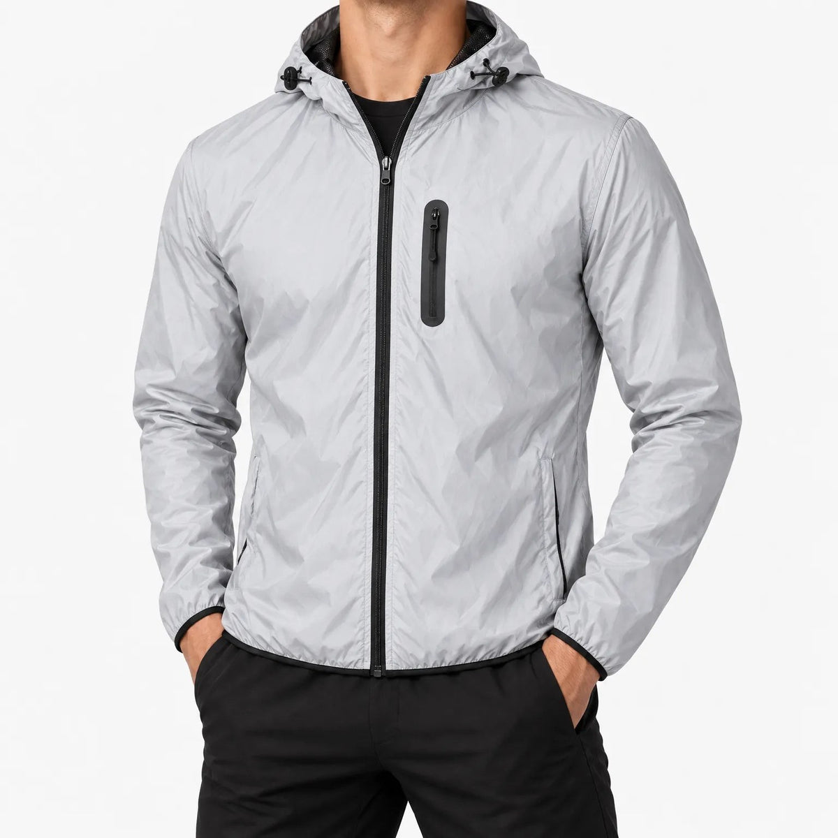Reflektierende Jacke mit Kapuze für Herren mit schwarzem Mesh-Futter in der Kapuze