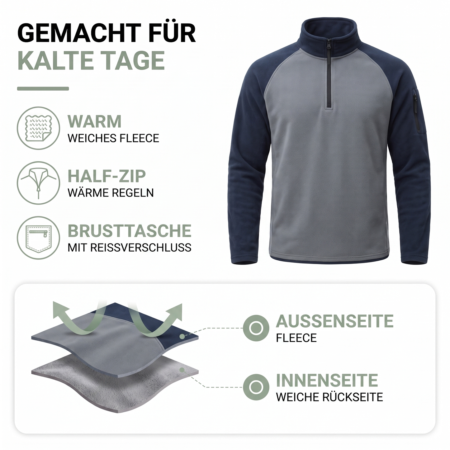 Fleecepullover Herren - Half-Zip - zweifarbig