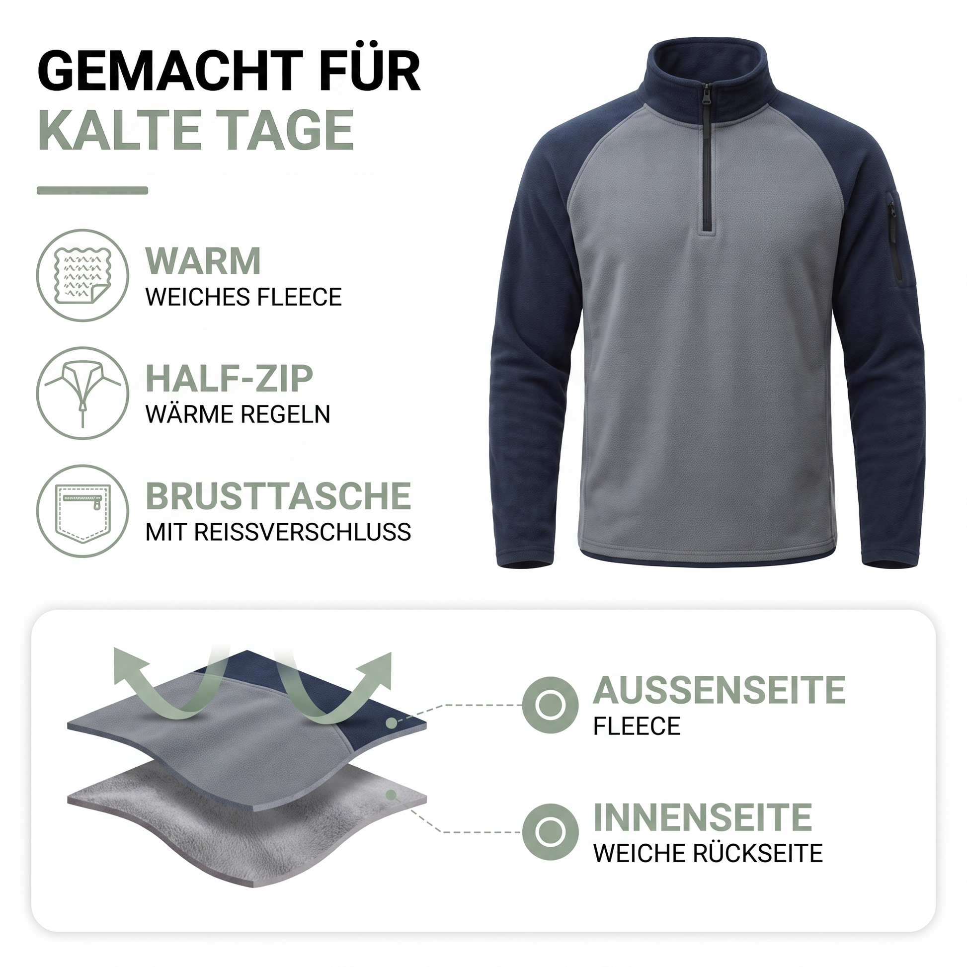Fleecepullover Herren - Half-Zip - zweifarbig