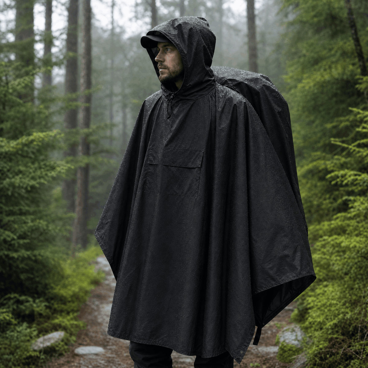 Schwarzer Regenponcho mit Kapuze im Regen getragen