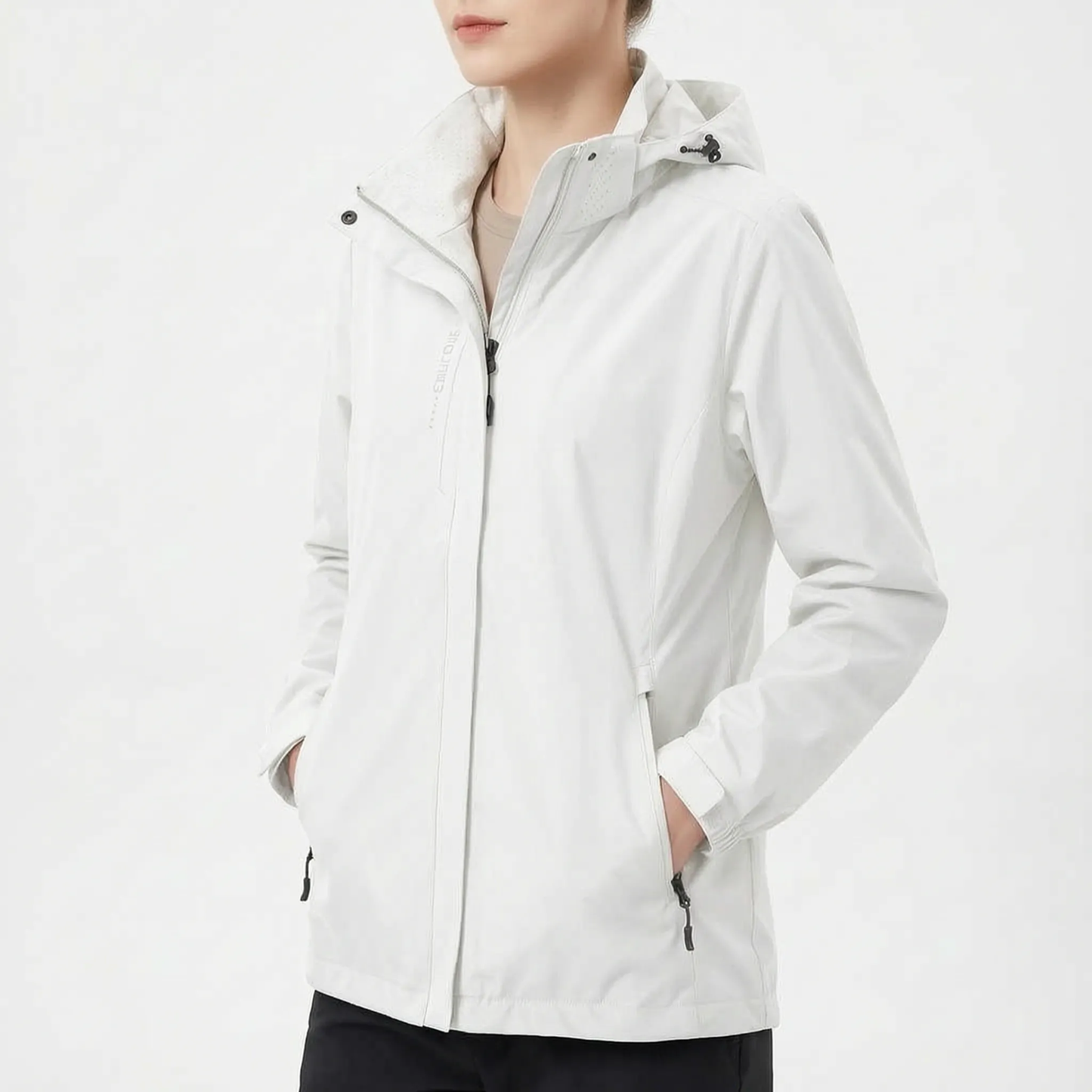 Leichte Windjacke für Damen in Weiß mit Kapuze und Stehkragen