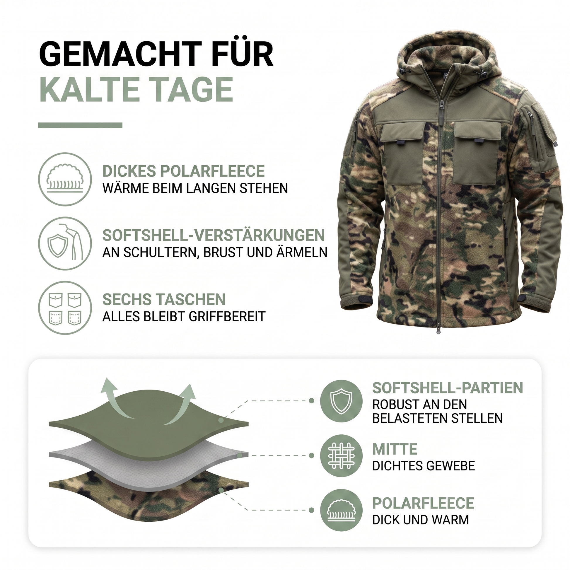 Fleecejacke Herren - Taktisch mit Kapuze - Camouflage & Uni