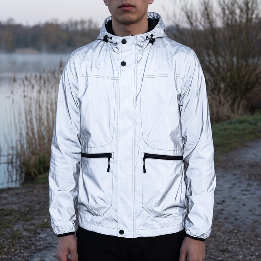Reflektierende Jacke Herren in Silber am nebligen Seeufer in der Dämmerung getragen