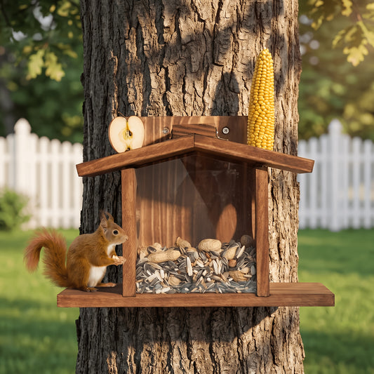 Eichhörnchen Futterhaus Eiche - Nussspender mit Mais- & Apfelhalter