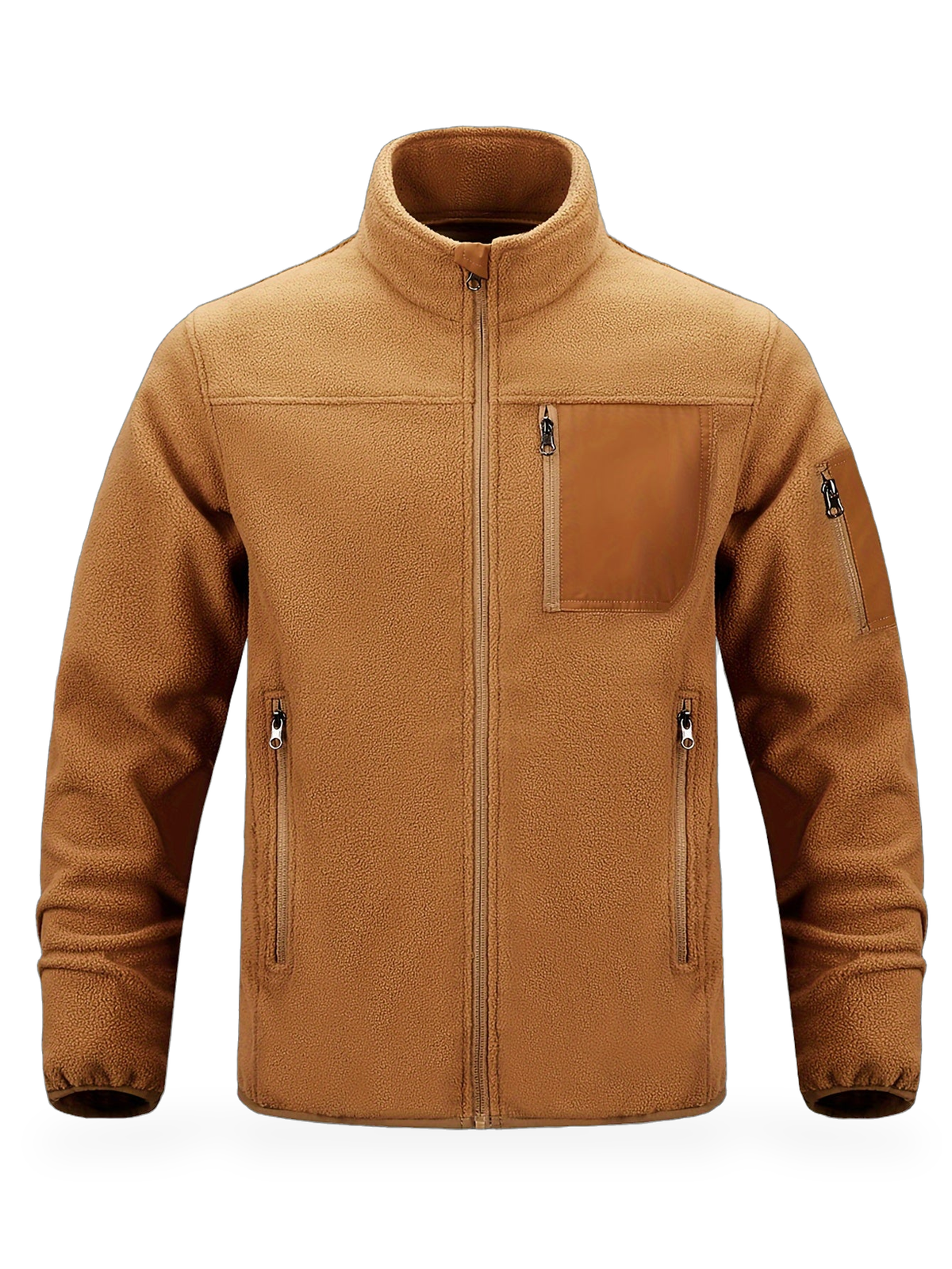 Rostbraune Fleecejacke mit Stehkragen und Reißverschlusstaschen von vorn