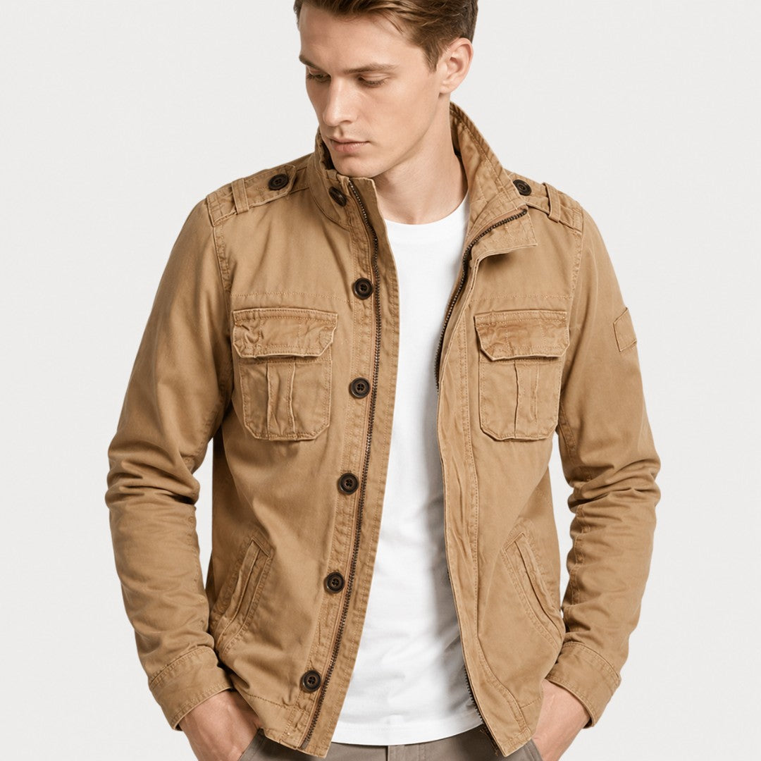 Cargo-Jeansjacke für Herren in Khaki mit Reißverschluss und Epauletten am Körper