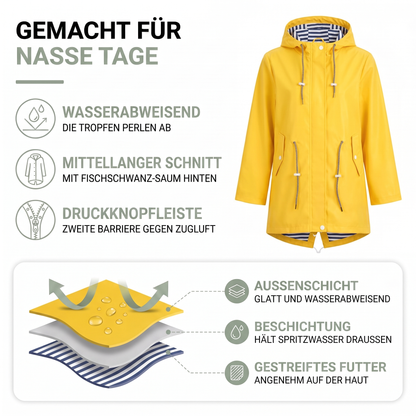 Regenjacke Damen - Mittellang mit Kapuze - Fischschwanz-Saum
