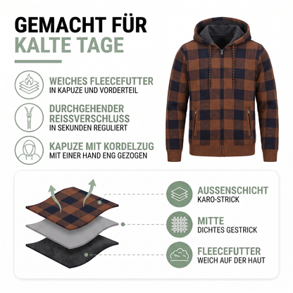 Strickjacke Herren mit Kapuze - Karo-Design - Warmes Fleecefutter