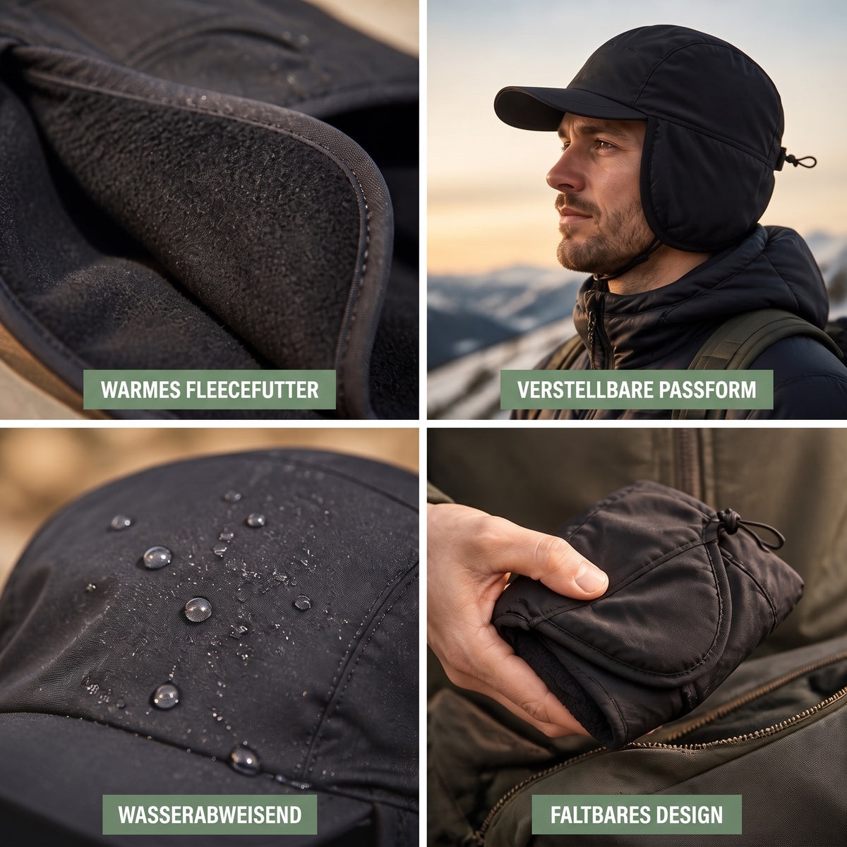 Mütze mit Ohrenklappen in Schwarz – Fleecefutter, verstellbare Passform, wasserabweisend und faltbar im Detail