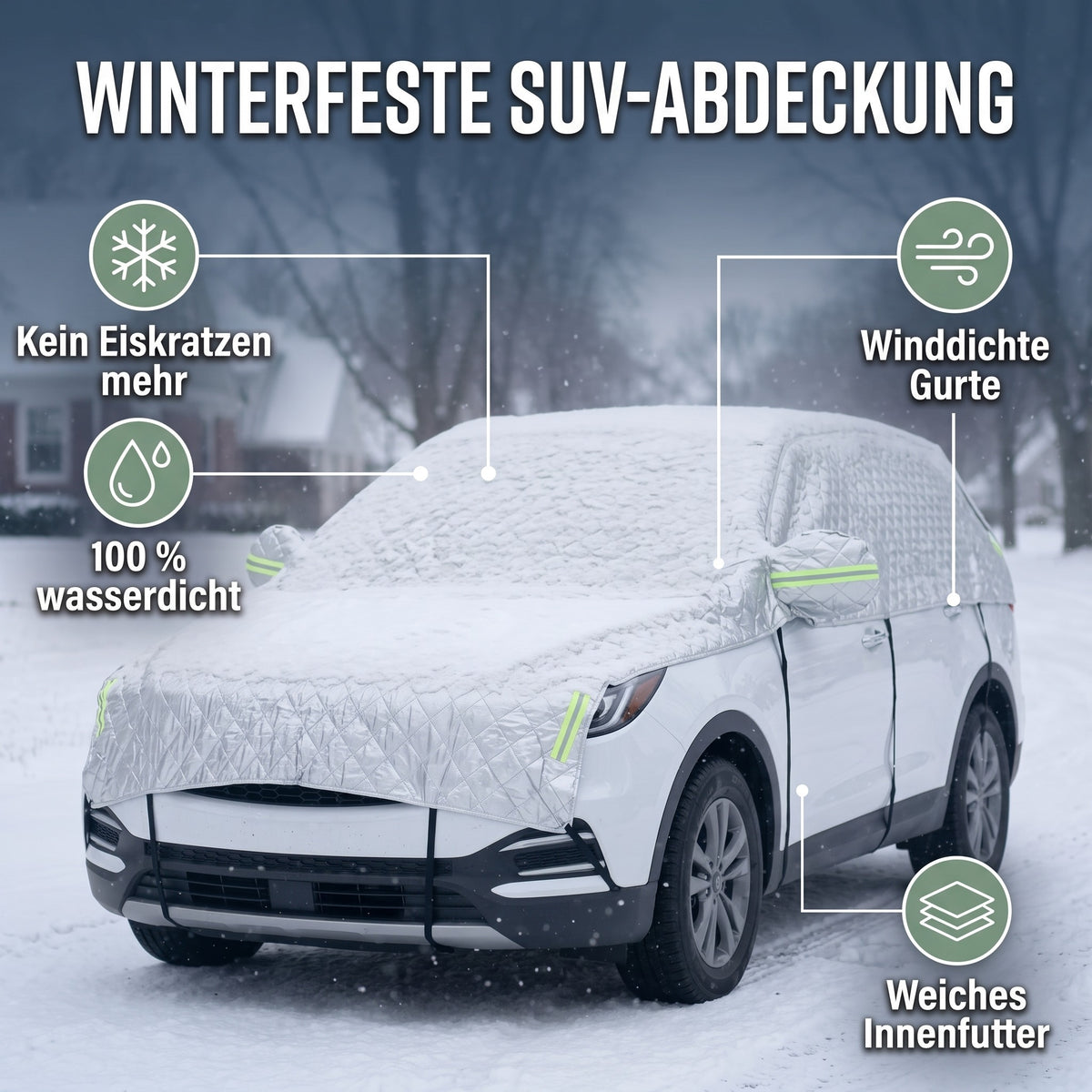 Winter Autoabdeckung SUV – Vorteile: kein Eiskratzen, wasserdicht, winddichte Gurte, weiches Innenfutter