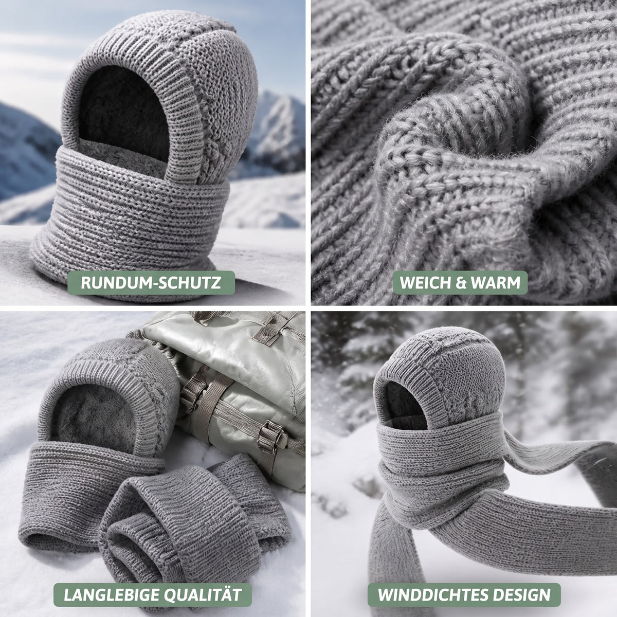 Mütze Schal Set Damen in Grau – Collage: Rundum-Schutz, weich & warm, langlebige Qualität, winddichtes Design