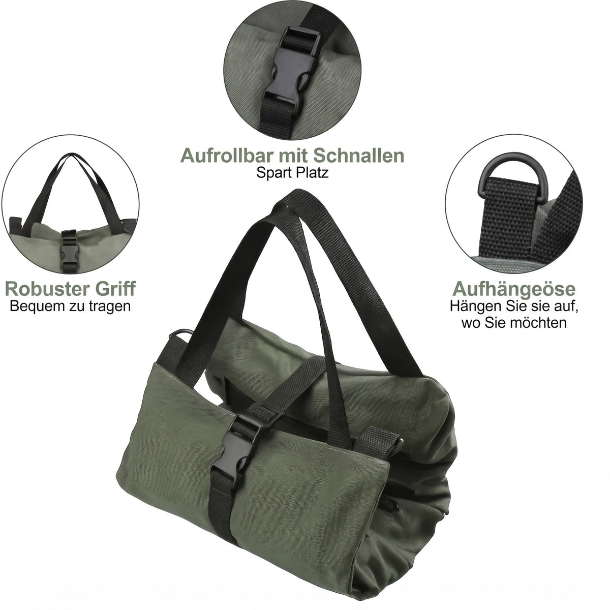 Werkzeugtasche Roll-Up – Schnallen, robuster Griff und Aufhängeöse im Detail