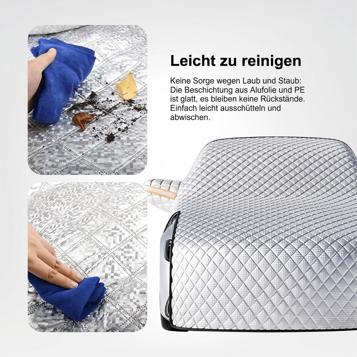 Frontscheibenabdeckung leicht zu reinigen – Laub und Staub einfach abwischen