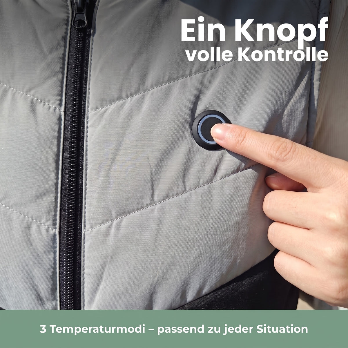 Beheizbare Weste – ein Knopf auf der Brust für 3 Temperaturmodi