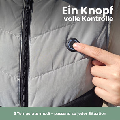 Beheizbare Weste – ein Knopf auf der Brust für 3 Temperaturmodi