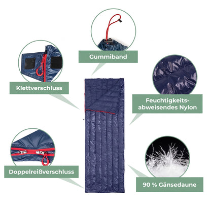 Deckenschlafsack mit Klettverschluss, Doppelreißverschluss und Gänsedaune