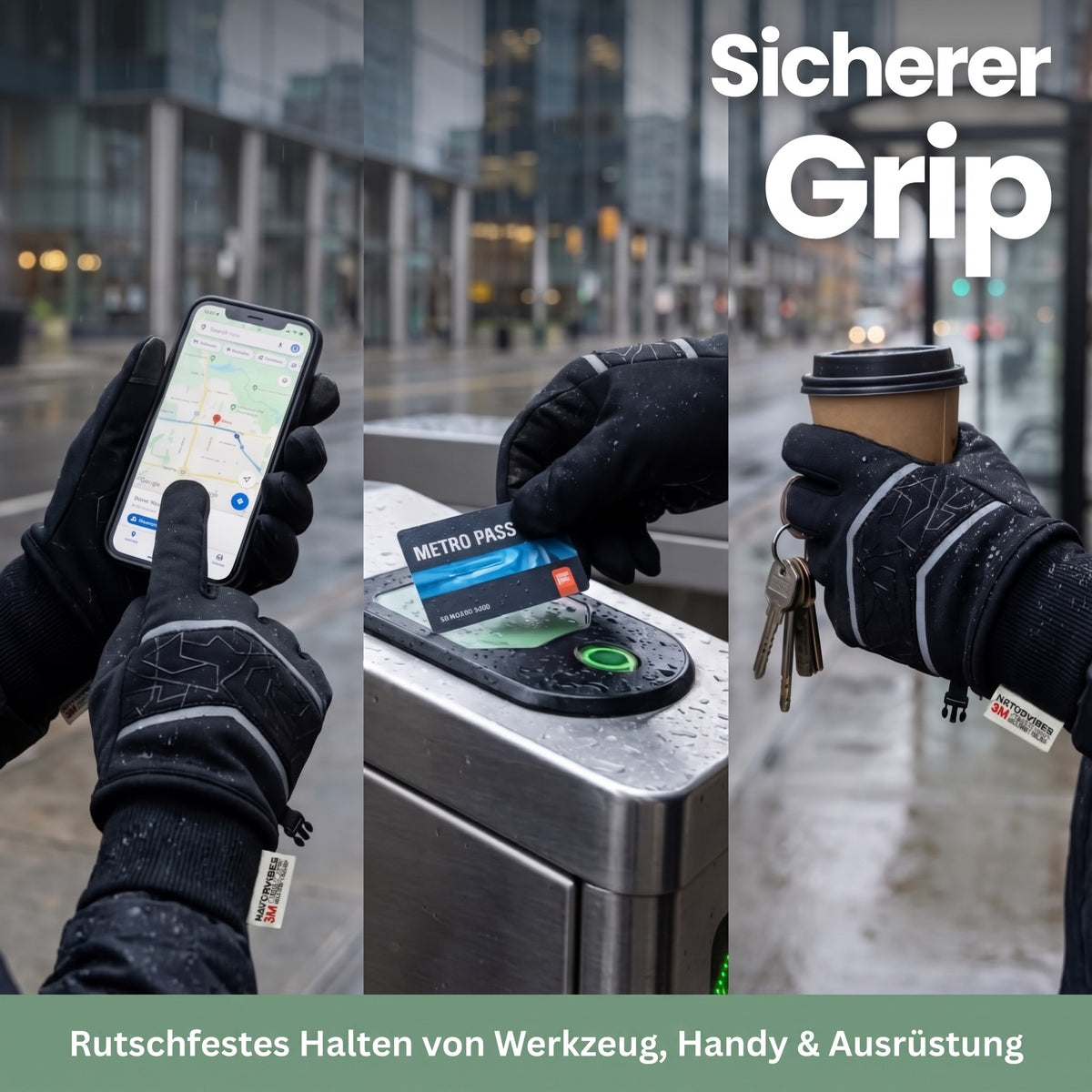 Winterhandschuhe mit sicherem Grip an Handy, Fahrkarte und Kaffeebecher