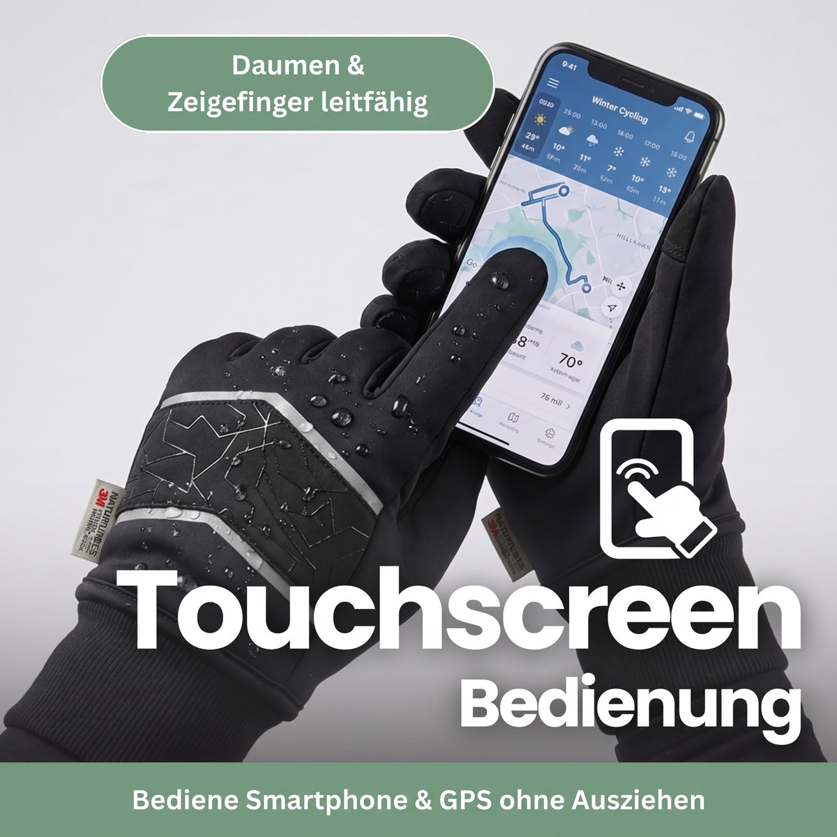 Winterhandschuhe mit Touchscreen-Bedienung am Smartphone