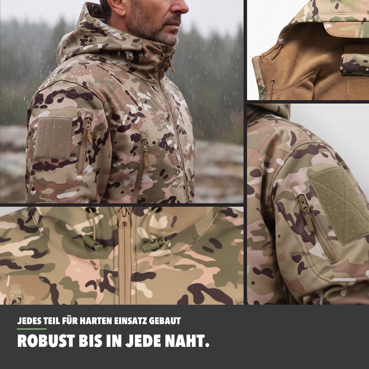 Softshelljacke Herren Camouflage – Details und Nähte