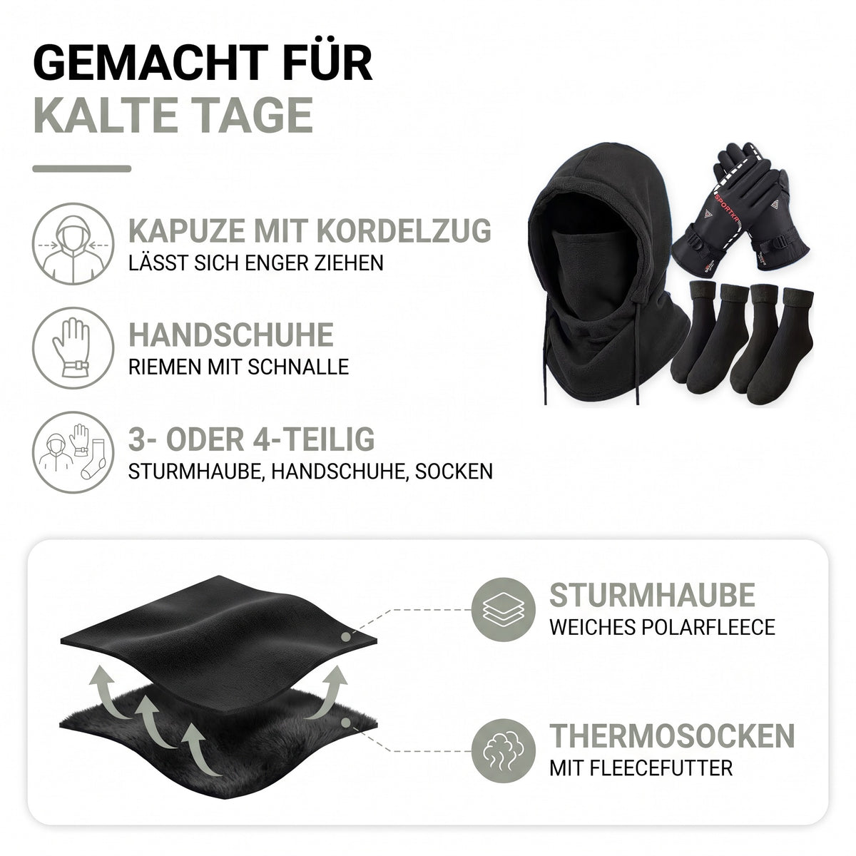 Sturmhaube Set im Aufbau: weiches Polarfleece und Thermosocken mit Fleecefutter