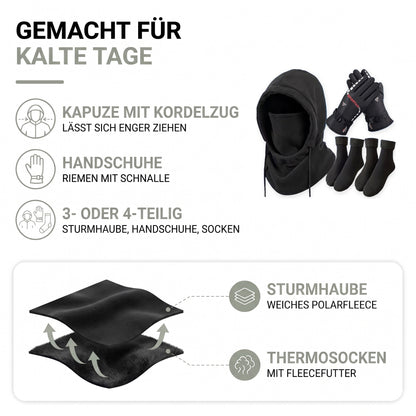 Sturmhaube Set im Aufbau: weiches Polarfleece und Thermosocken mit Fleecefutter