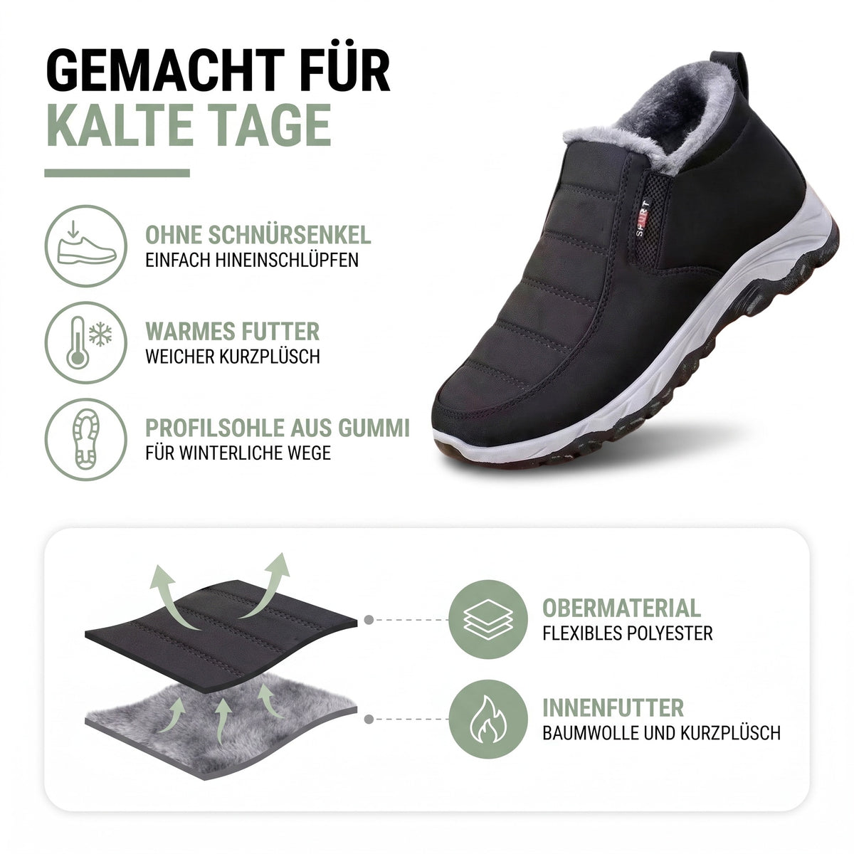 Winterschuhe Damen gefüttert – Aufbau: flexibles Polyester und Futter aus Baumwolle und Kurzplüsch
