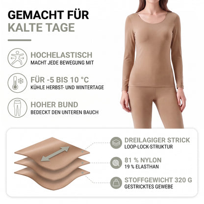 Thermounterwäsche Damen – Aufbau: dreilagiger Loop-Lock-Strick, 81 % Nylon, 19 % Elasthan, hoher Bund
