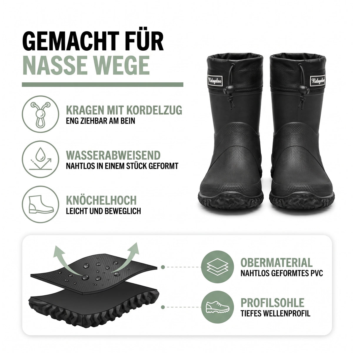 Gummistiefel kurz – Material: nahtlos geformtes PVC und Profilsohle mit Wellenprofil