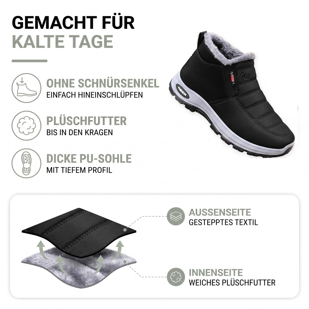 Winterschuhe Damen & Herren im Überblick: ohne Schnürsenkel, Plüschfutter bis in den Kragen, dicke PU-Sohle mit Profil