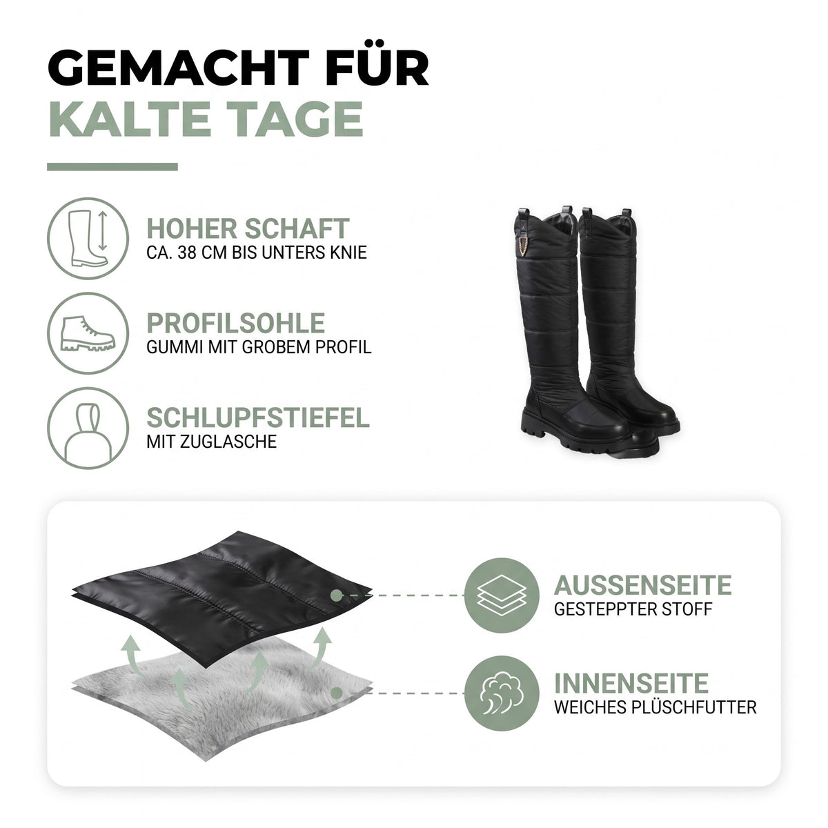 Schneestiefel Damen gefüttert: hoher Schaft, Profilsohle, Schlupfstiefel mit Zuglasche, Steppstoff und Plüschfutter